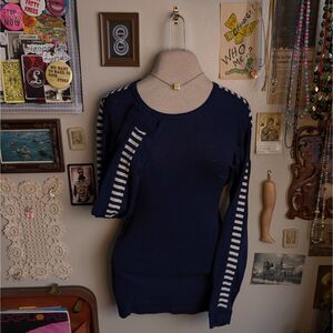 Vintage Knit Thermal Striped Sweater Women's Small/Medium Navy Blue
